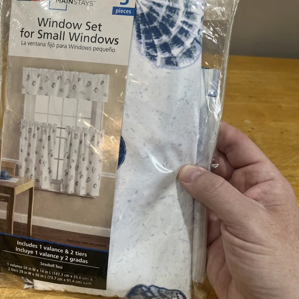 Vtg Mainstays Seashell Toss Window Set 3‎ Piece Blue Nautical Beach